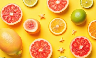Bright citrus fruits on yellow background