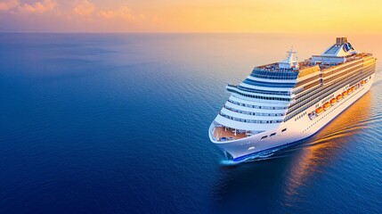 A large cruise ship sailing across an expansive ocean waterway