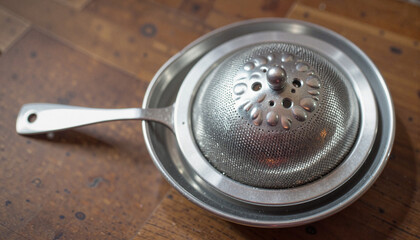 Embossed metal tea strainer on wooden surface, tea preparation concept