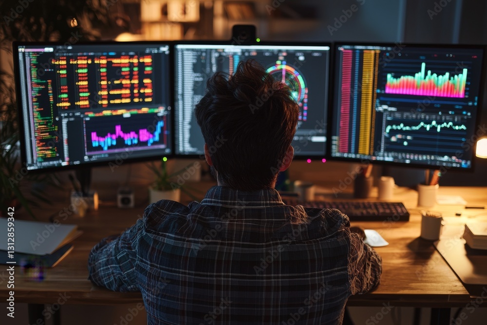 Poster a professional programmer is depicted analyzing data in a night office, with a software developer wo