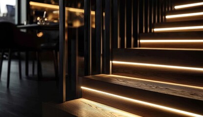 Stunning staircase featuring decorative LED lighting enhances ambiance.