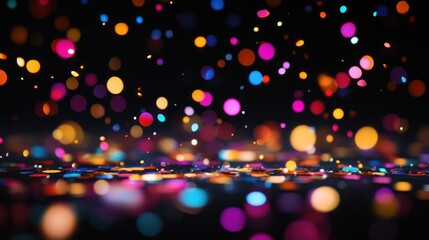 Colorful confetti falling on dark surface