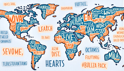 Colorful world map with vibrant text, creativity and connection