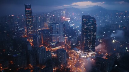 Fototapeta premium Urban Skyline at Dusk with Glowing Skyscrapers and Fog