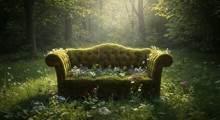 Moss Covered Sofa with Wildflowers in Lush Green Forest
