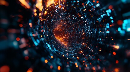 Obraz premium Abstract Digital Tunnel Orange Blue Glowing Lights Technology Background Futuristic Data Stream Network Virtual Reality Modern Design Graphic 