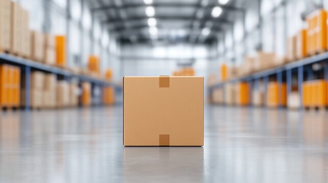 Brown Cardboard Box in a Warehouse Environment with Shelves and Stocked Items in the Background
