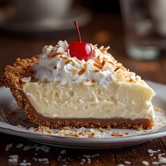 Sweet Slice of Paradise: A luscious slice of coconut cream pie, adorned with whipped cream, toasted coconut flakes, and a vibrant maraschino cherry, tempts the senses on a rustic plate.