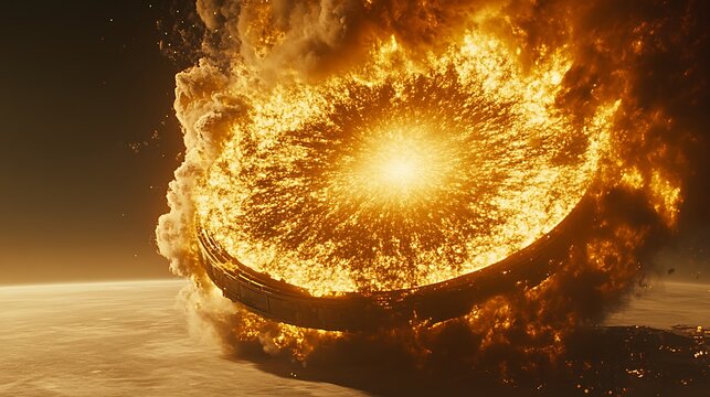 A massive celestial ring experiences an explosive fiery disintegration in space