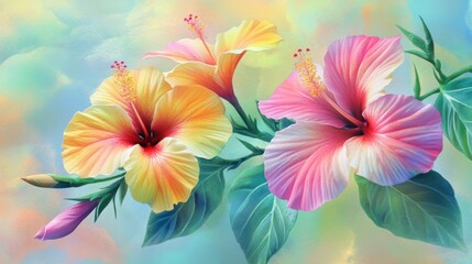 Fototapeta premium Vibrant Hibiscus Blossoms in Pastel Skies