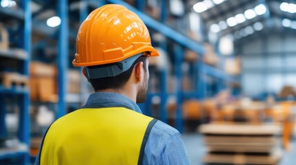 Construction Worker in Safety Gear Overlooking Industrial Warehouse Storage Area with Racks and Boxes