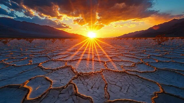 Sunburst over Cracked Earth: An awe-inspiring sunset over cracked earth, a dramatic tableau of nature's resilience.