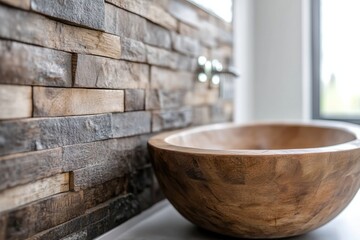 A beautifully crafted wooden bowl sink against a rustic stone wall, merging natural elements for a unique and artistic bathroom design that captivates the eye.