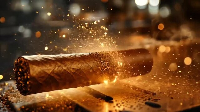 Cigar being lit with sparks, artisan workshop background, for cigar making process display