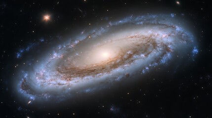 A beautiful spiral galaxy surrounded by numerous distant celestial bodies