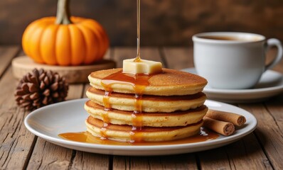 Delicious pancakes with syrup drizzle
