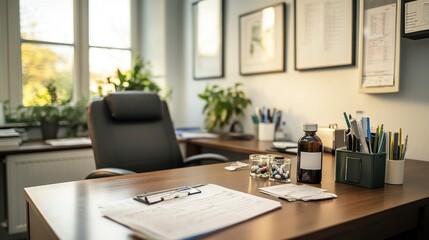 A well-organized office desk with plants, documents, and a bottle, suggesting a professional setting.