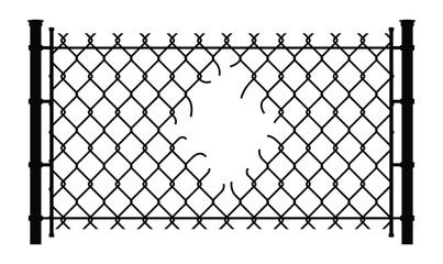Broken chain-link fence with ripped wire and barbed mesh. Old metal barrier design for cages and steel borders. Flat vector illustration isolated on white background.