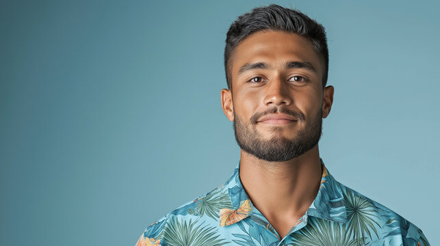 Fototapeta Cheerful latin male in bright hawaiian shirt standing confidently, exuding summer energy and laid back personality against vivid blue backdrop