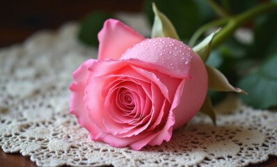 Delicate pink rose on lace