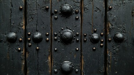 Fototapeta premium Dark Wooden Door Panel with Metal Decorations