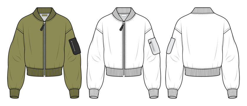 Women's Bomber Jacket - Olive Green | Technical Flat Sketch and CAD Mockup