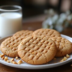 Peanut Butter Cookies Delight: A plate of freshly baked peanut butter cookies, their tops marked with a classic criss-cross pattern, sits invitingly alongside a glass of milk.  The aroma of warm.