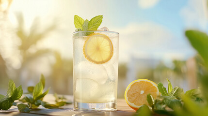 Tall Glass of Lemonade, Refreshing, Filled with Ice on a Sunny Day