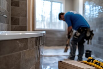 A diligent worker wearing a blue shirt carefully lays floor tiles in a cozy bathroom, illustrating the process of creating a comfortable and inviting living space.