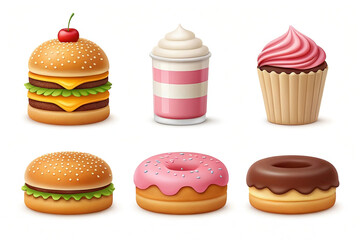 Delicious fast food collection burger, milkshake, cupcake, donuts.