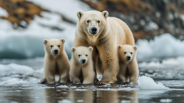 Mama Polar artic bear standing on glacier with her three cubs