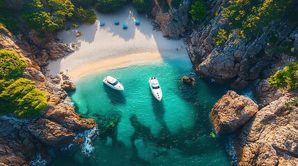 Secluded Cove Turquoise Water Luxury Yachts White Sandy Beach Aerial View