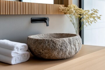 A rustic natural stone basin sits gracefully on a modern wooden counter, surrounded by neatly rolled towels, evoking a sense of calm and organic elegance in the bathroom space.