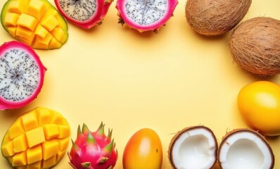 Colorful tropical fruits on yellow