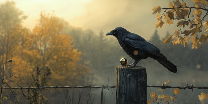 Raven perched on a fence post autumn landscape nature photography serene atmosphere
