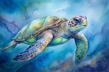 Fototapeta premium Watercolor painting of a sea turtle swimming