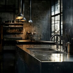 Modern chrome faucet in modern urban loft bathroom, low light with sharp shadows, industrial gray palette, glimmering droplets on metal, and wide-shot perspective showcasing entire setting.