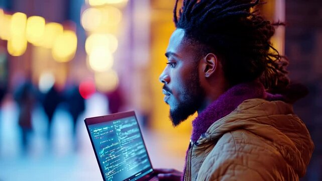African American man with dreadlocks, black IT specialist writing code on laptop, purple holographic figures, abstract. Virtual technology software development concept with IT specialist.