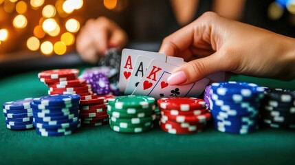 Naklejka premium Thrilling casino poker strategy luck and social atmosphere in close-up action