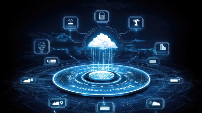 Cloud computing platform integrating data and digital services in futuristic technology background