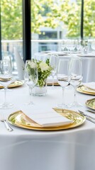 Fototapeta premium Elegant Table Setting Gold Chargers White Plates Floral Arrangement