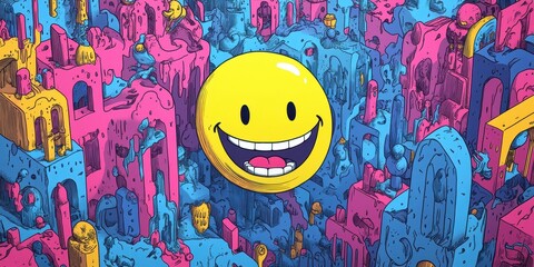Fototapeta premium A yellow smiling face amidst a colorful abstract cityscape illustration