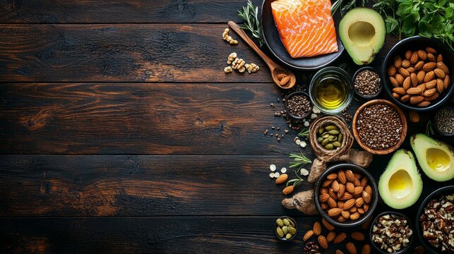 Flat lay of unsaturated fats and omega-3 foods, including salmon, avocado, olive oil, and mixed nuts, neatly arranged on a wooden table