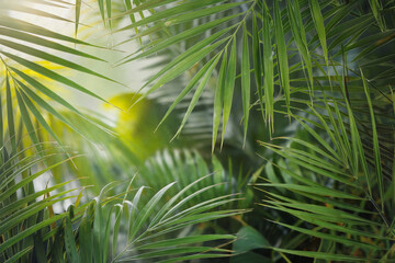 Lush green palm leaves capturing sunlight in a tropical setting during the afternoon