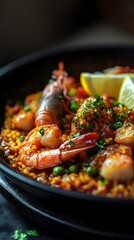Gourmet Seafood Paella: An enticing close-up shot of a gourmet seafood paella, showcasing succulent prawns, juicy lobster, colorful vegetables, and perfectly cooked rice in a dark, rustic pan.