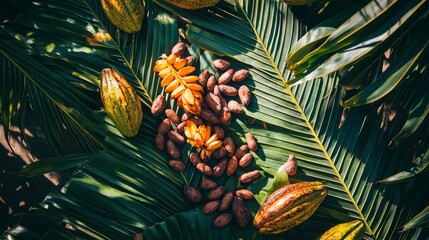 Obraz premium Flat-lay of freshly harvested cocoa pods and beans spread on tropical banana leaves, bright sunlight, vibrant colors, selective focus, rich detail