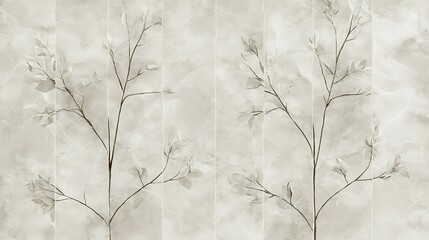 Delicate sepia-toned botanical print featuring two stylized plant stems with leaves against a textured background