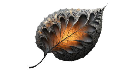 Glowing metallic skeleton leaf with transparent background illuminating design concept
