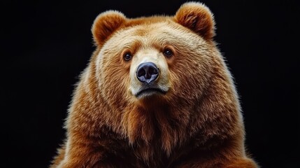 Obraz premium Majestic Kamchatka bear with golden-brown fur, sharp gaze, isolated on a black background, illuminated with soft dramatic lighting