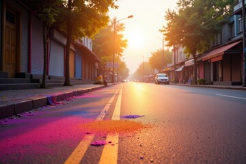 A Serene Sunrise on a Quiet Urban Street: Vibrant Colors of Spilled Paint Illuminated by Early Morning Light Amidst Calm Buildings and Absent Traffic